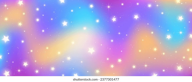 Unicorn rainbow background. Magic pastel gradient with glitter and stars. Cute holographic sky. Fairy fantasy wallpaper with iridescent texture. Vector cosmic illustration.
