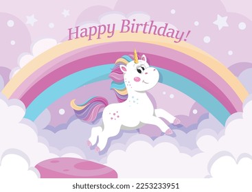 Unicorn with rainbow banner. Fairy tale, imagination and fantasy, fictional character. Design element for invitation and greeting card for girls. Love and tenderness. Cartoon flat vector illustration