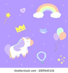 Einhorn, Regenbogen, Vogel, Ballons. Magisches Set. Fee. Girl-Set. Cartoon-Illustration.