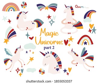 Unicorn and Rainbow Clipart. Set of cute unicorns, rainbows, celestial elements. Hand drawn retro vector illustrations.
