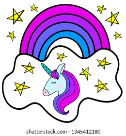 Unicorn with rainbow, close and stars vector illustration, flat style image in purple colors. Baby clothes design. Cute nursery decoration. Fantastic animals from fairy tales for children. EPS10