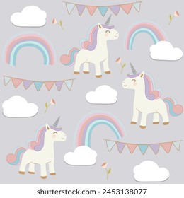 unicorn ,rainbow , cloud ,flower and bunting  in the sky seamless pattern , vector illustration  