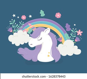 unicorn rainbow clouds flowers fantasy magic cute cartoon vector illustration