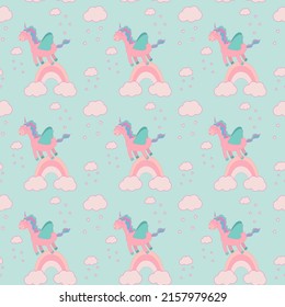 Unicorn, rainbow, clouds and hearts.baby pattern