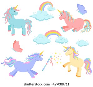 Unicorn, rainbow and clouds magic vector set. Pony sleeps, rides standing. Cute cartoon illustration. Magic wand and butterflies for birthday greeting card