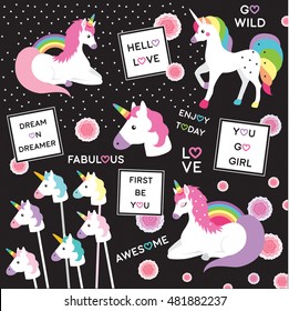 Unicorn Rainbow Color Pink Rose Triangle Black White Background