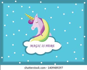 Unicorn rainbow colors on the cloud. Bright and colorful vector graphic horse with title Magic is here.