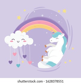 unicorn rainbow cute cloud with hearts love fantasy magic dream cartoon vector illustration