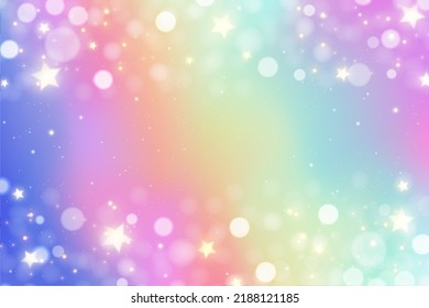 Unicorn rainbow glitter background with sparkles in pastel colors. Iridescent watercolor design. Gradient hologram with stars and bokeh. Vector illustration.