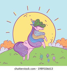 unicorn rainbow hair cute sun on grass