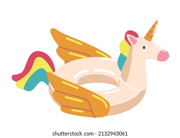 Unicorn with Rainbow Hair Inflatable Swimming Pool Ring, Tube, Float. Summer Vacation Holiday Rubber Object for Traveling, Beach and Ocean Fun Isolated White Background. Cartoon Vector Illustration