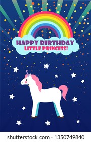 Unicorn and rainbow, Happy Birthday, princess congratulation vector. Girlish greeting card with stars and cloud, fairy animal creature, horse with horn