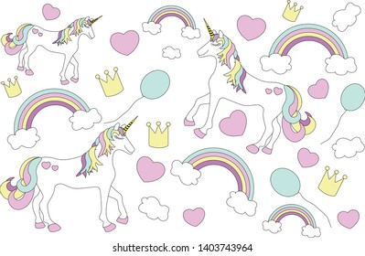 Unicorn, rainbow, hearth, crown and cloud in pastel colors seamless pattern. Kawaii style.