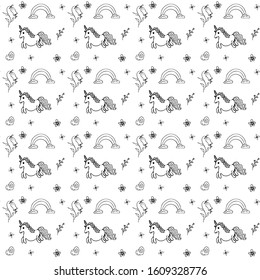 Unicorn, rainbow and hearts seamless pattern hand drawing black outline isolated on white background