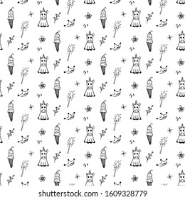 Unicorn, rainbow and hearts seamless pattern hand drawing black outline isolated on white background
