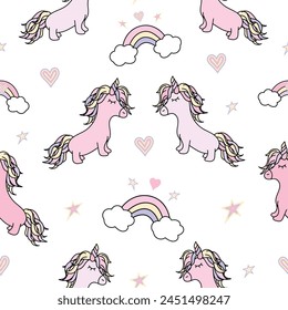 Unicorn, rainbow and hearts seamless pattern hand drawing isolated on white background.Cute hand drawn unicorns pattern with stars.Perfect for kids apparel,fabric,textile,wrapping paper.