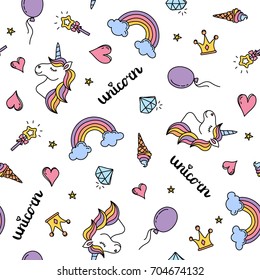 Unicorn, rainbow and hearts seamless pattern hand drawing isolated on white background