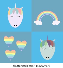 Unicorn rainbow hearts vector illustration set