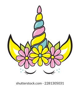 A unicorn with a rainbow horn and eyes. Color vector illustration in doodle style. - Shutterstock ID 2281305031