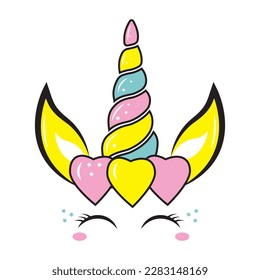 Un unicornio con un cuerno de arco iris y ojos. Ilustración del vector de color en estilo doodle.