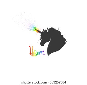 Unicorn with rainbow horn on white background. Silhouette of head unicorn. Beautiful magical animal. It can be used for printing on t-shirts or ideas for tattoos.