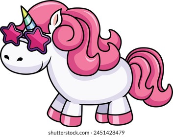 Unicorn with rainbow horn wearing star-shaped sunglasses vector illustration
