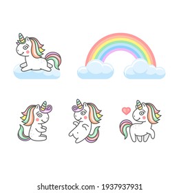 Unicorn and Rainbow Icons Set on White Background. Vector