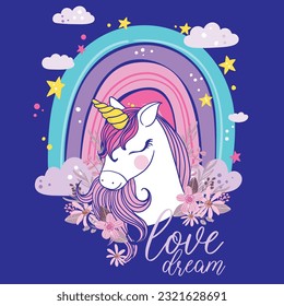 Unicorn rainbow illustration. Fashion and more. Girl child tshirt pattern design. T shirt design