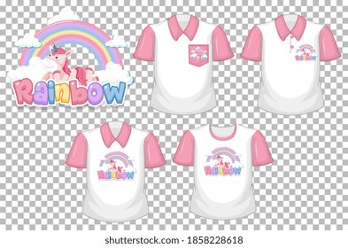 Unicorn with rainbow logo and set of white shirt with pink short sleeves isolated on transparent background illustration