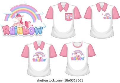 Unicorn with rainbow logo and set of white shirt with pink short sleeves isolated on white background illustration