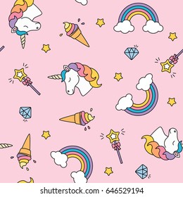 Unicorn, rainbow and magic wand pastel colors seamless pattern