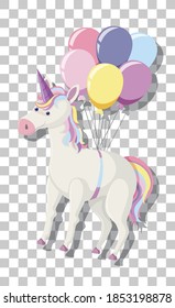 Unicorn with rainbow mane and balloons isolated on transparent background illustration