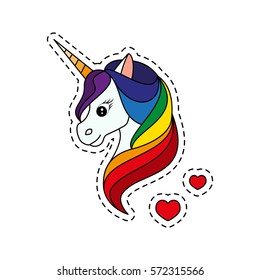 Unicorn with rainbow mane. Fashion patch badges. Sticker, pin, patch in cartoon 80s-90s comic style. Vector illustration isolated on white background.