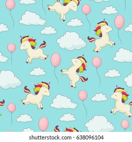 Unicorn with rainbow mane flying in the sky surrounding by clouds and balloons. Seamless childish wallpaper or fabric design. Vector seamless pattern