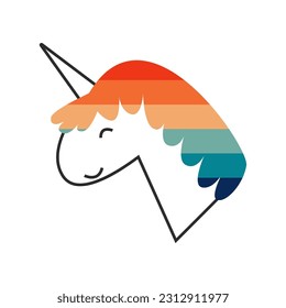 Unicorn with rainbow mane. Happy pride symbol in lgbt flag colors. Gay queer element in retro vintage style. Vector flat illustration.