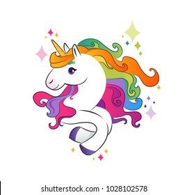 Unicorn with rainbow mane on white background