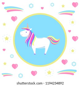 Unicorn with rainbow mane and sharp horn. Mysterious horse from fairy tales or legends in blue circle. Childish animal character vector isolated on hearts