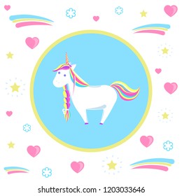Unicorn with rainbow mane and sharp horn. Mysterious horse from fairy tales or legends in blue circle. Childish animal character vector isolated on hearts