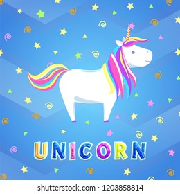 Unicorn with rainbow mane and sharp horn. Mysterious horse from fairy tales or legends. Childish animal character vector isolated on backdrop with stars