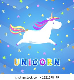 Unicorn with rainbow mane and sharp horn flying in cartoon sky with swirls and stars. Mysterious horse from fairy tales or legends. Childish animal vector
