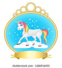 Unicorn with rainbow mane and tail on clouds with stars surrounded by a golden, decorative border