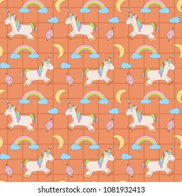 Unicorn, rainbow, moon, cloud in orange square. A playful, modern, and flexible pattern for brand who has cute and fun style. Repeated pattern. Happy, bright, and magical mood.