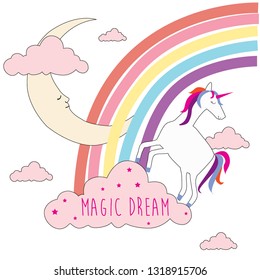 unicorn rainbow moon colorful cloud girl tee illustration art vector 