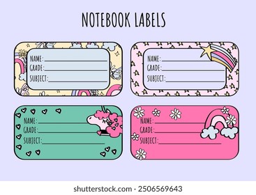 unicorn and rainbow name tags. notebook sticker labels set for middle and elementary school kids.