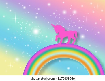 unicorn with rainbow pastel background, trendy colors, vector paper art design