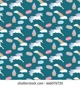 Unicorn rainbow pattern on the blue background. Vector illustration