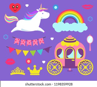 Unicorn and rainbow princess party set vector. Crown types and carriage, hand mirror and lips decor, cloud and heart face, lips and flags with flower