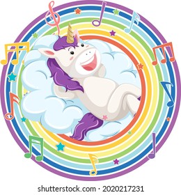 Unicorn in rainbow round frame with melody symbol illustration