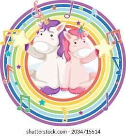 Unicorn in rainbow round frame with melody symbol illustration