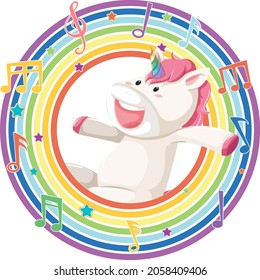 Unicornio en marco redondo arco iris con símbolo de melodía